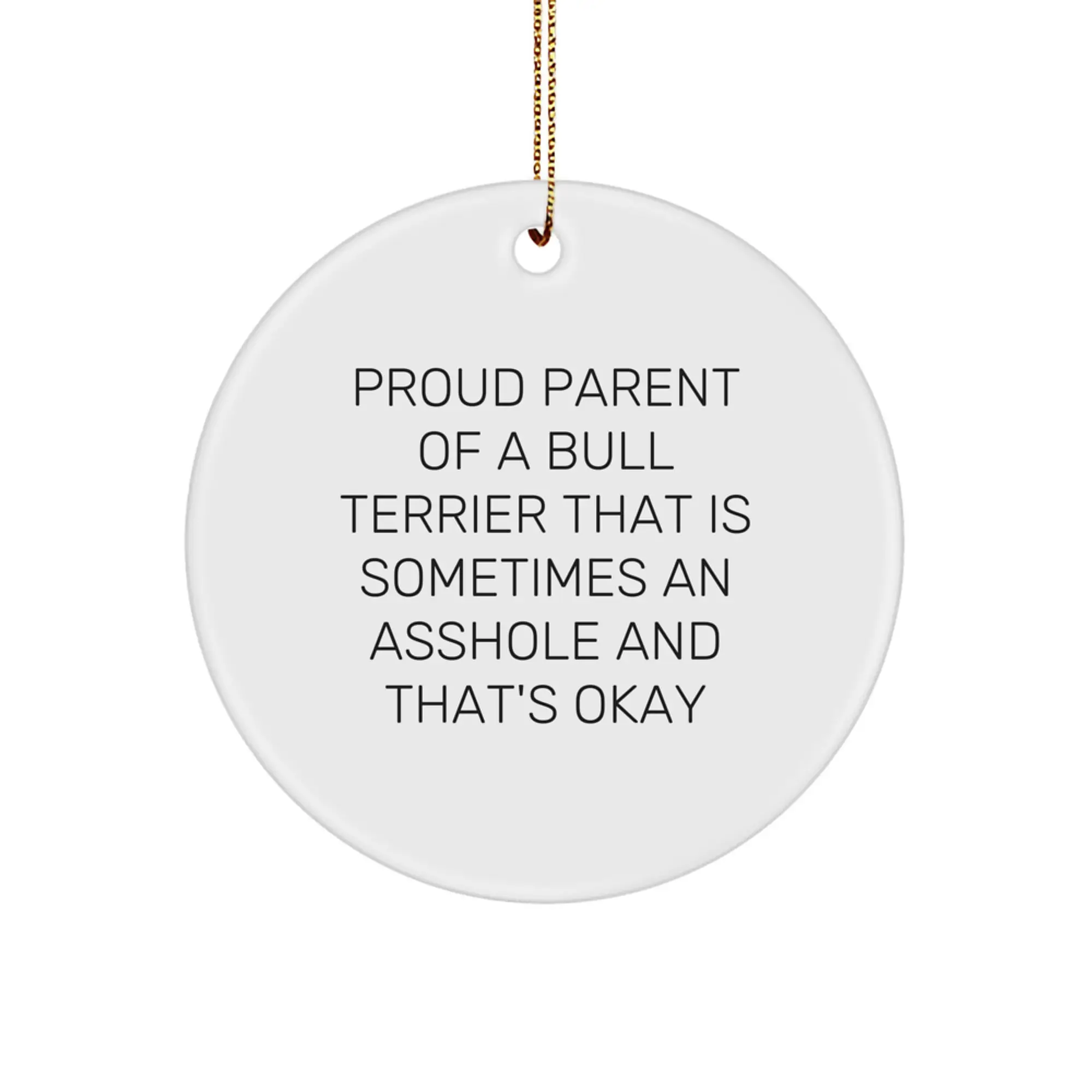 Funny Bull Terrier Dog Christmas Ornament Gifts for Men and Women, Proud Parent Quote Circle Decoration from Mom, Dad, Family, Friends, or Coworkers - Image 1