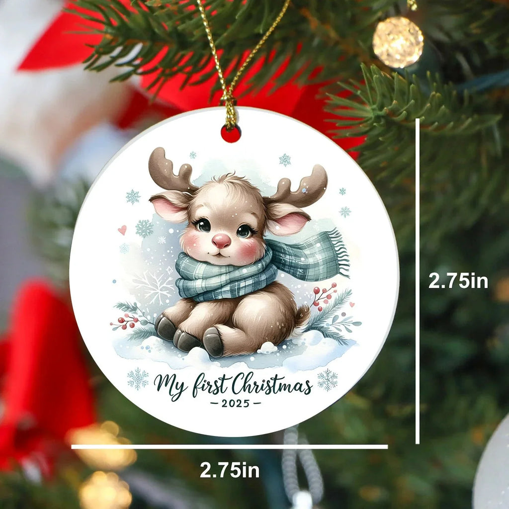 My First Christmas 2025 Moose Ornament – Baby’s First Christmas Keepsake, Cute Newborn Gift, Durable MDF Ornament with Gold Cord