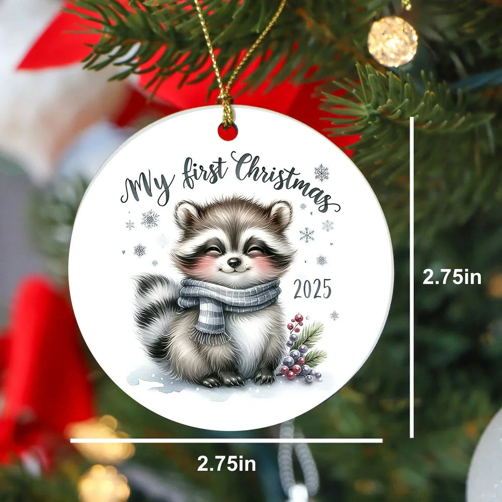 My First Christmas 2025 Raccoon Ornament – Baby’s First Christmas Keepsake, Cute Newborn Gift, Durable MDF Ornament with Gold Cord