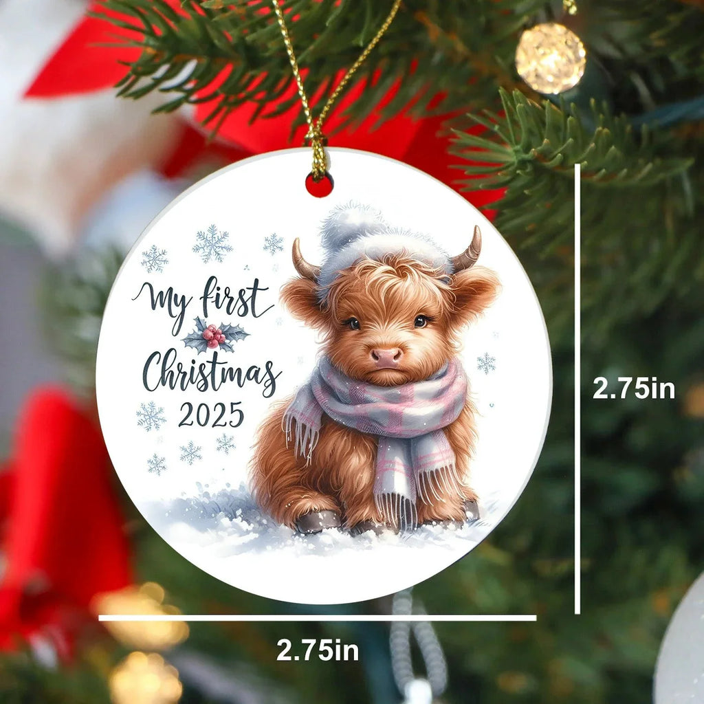 My First Christmas 2025 Highland Calf Ornament – Baby’s First Christmas Keepsake, Cute Newborn Gift, Durable MDF Ornament with Gold Cord