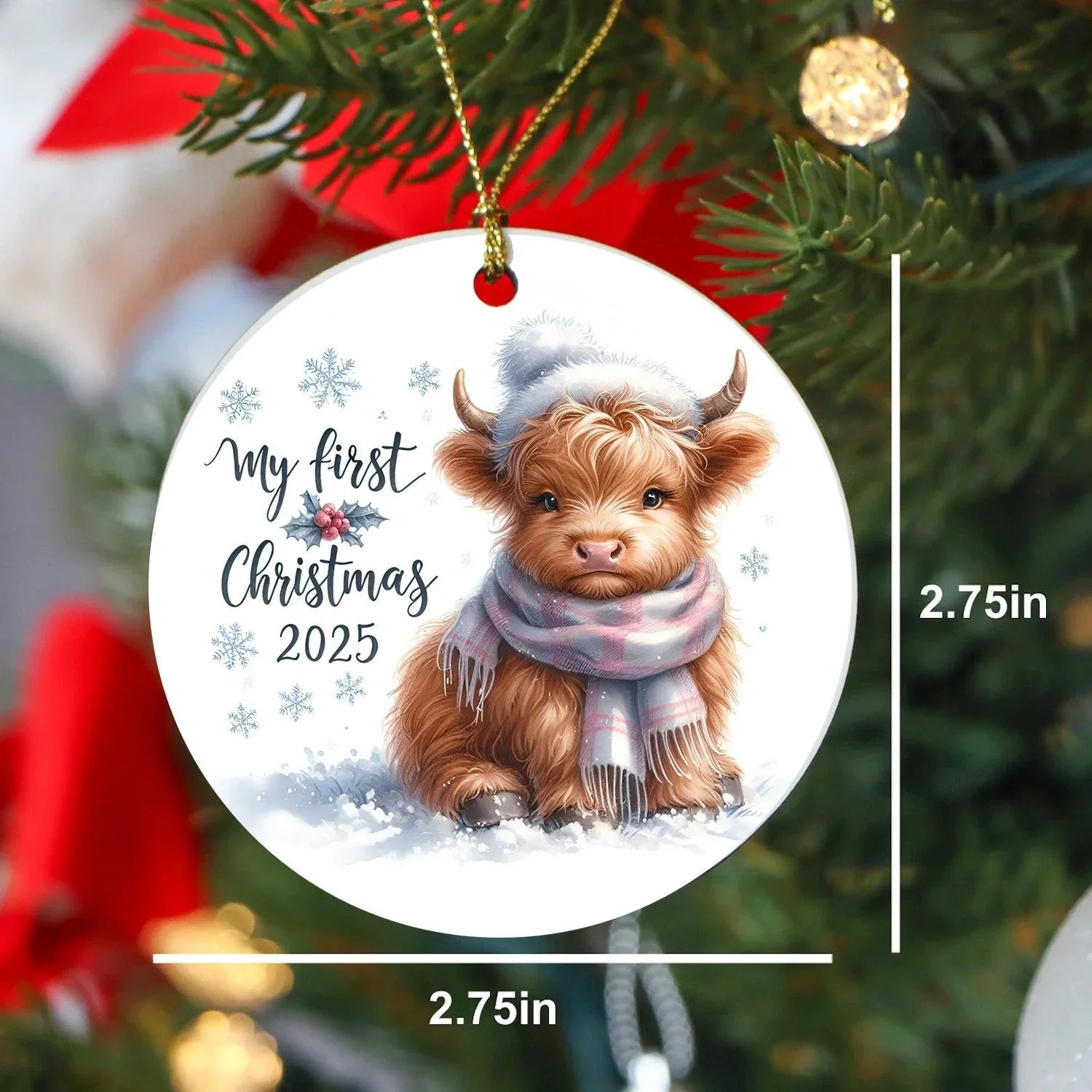 My First Christmas 2025 Highland Calf Ornament – Baby’s First Christmas Keepsake, Cute Newborn Gift, Durable MDF Ornament with Gold Cord