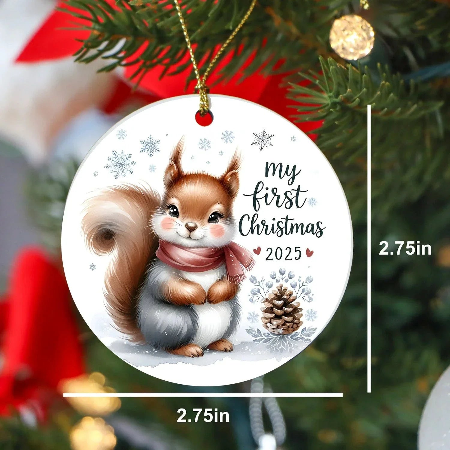My First Christmas 2025 Squirrel Ornament – Baby’s First Christmas Keepsake, Cute Newborn Gift, Durable MDF Ornament with Gold Cord