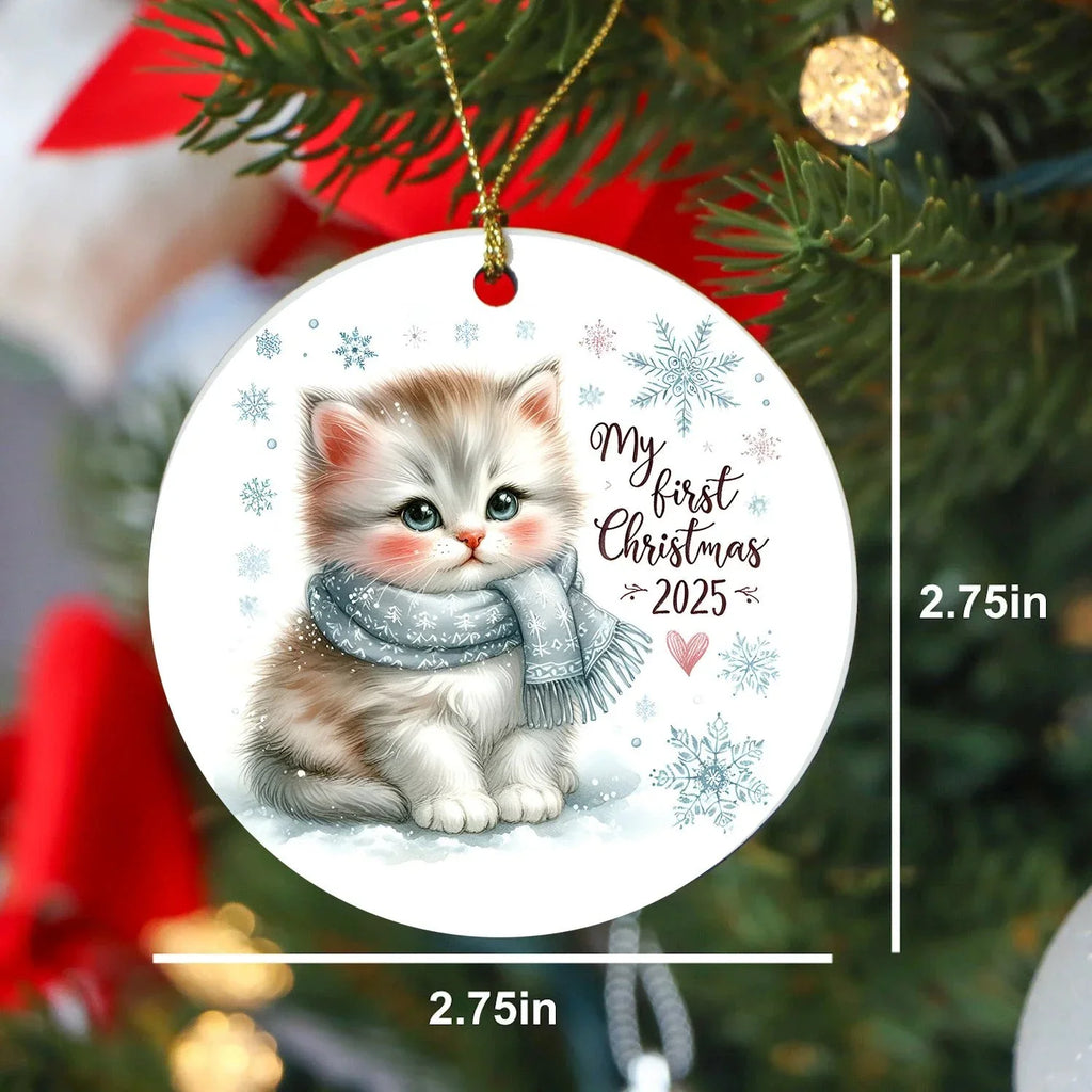 My First Christmas 2025 Kitten Ornament – Baby’s First Christmas Keepsake, Cute Newborn Gift, Durable MDF Ornament with Gold Cord