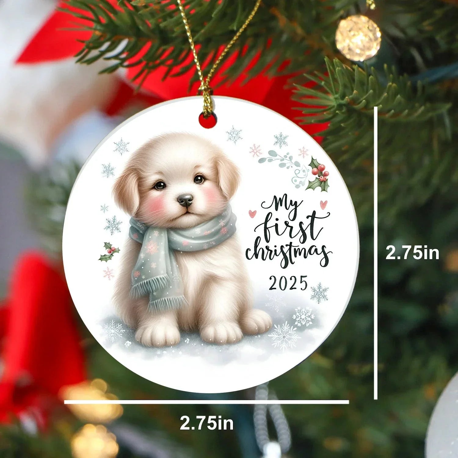 My First Christmas 2025 Puppy Ornament – Baby’s First Christmas Keepsake, Cute Newborn Gift, Durable MDF Ornament with Gold Cord