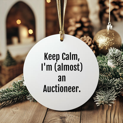 Funny Auctioneer Gifts, Keep Calm, I'm (almost) An Auctioneer. Circle Ornament for Christmas, Gifts from Friends to Family