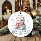 My First Christmas 2025 White Kitten Ornament – Baby’s First Christmas Keepsake, Cute Newborn Gift, Durable MDF Ornament with Gold Cord
