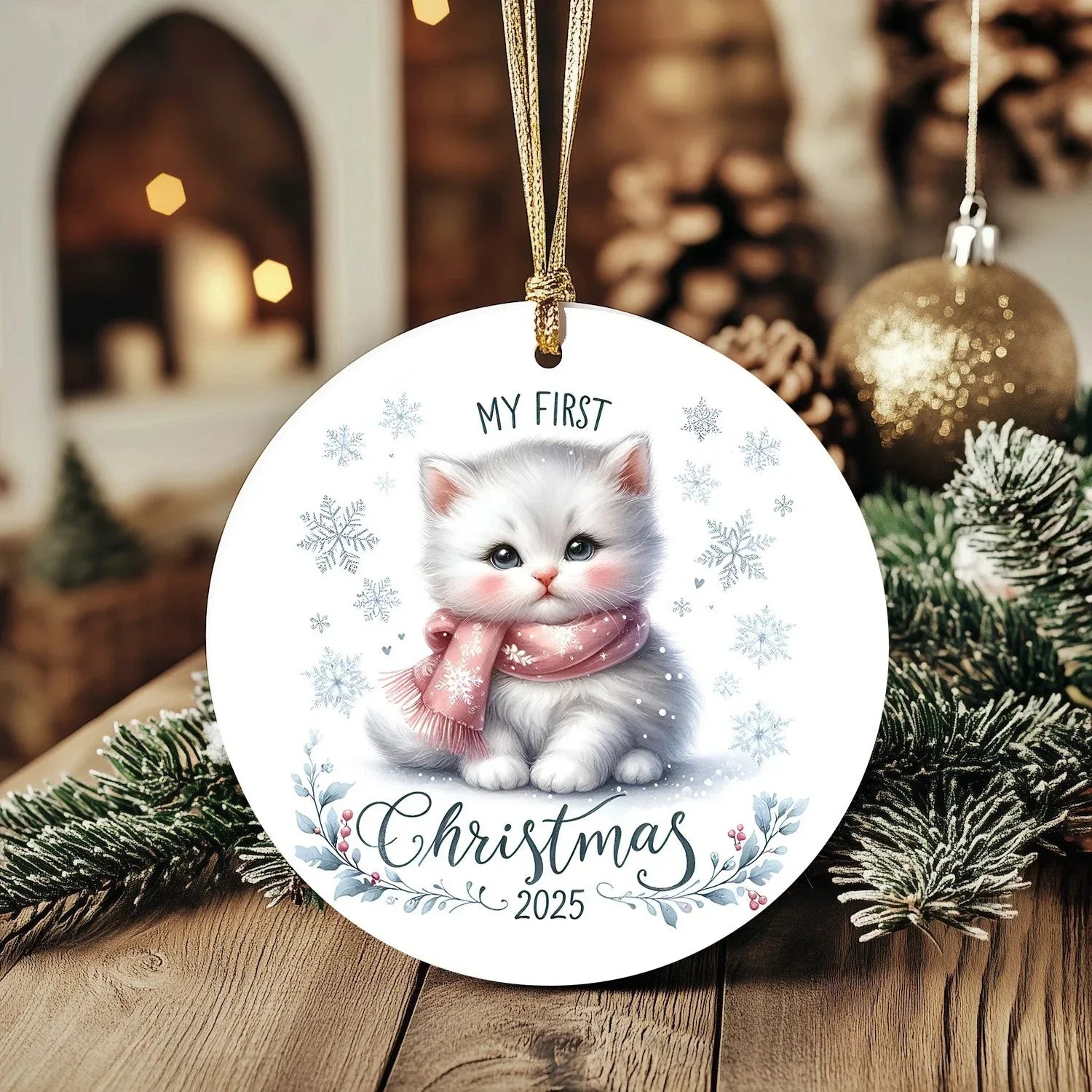 My First Christmas 2025 White Kitten Ornament – Baby’s First Christmas Keepsake, Cute Newborn Gift, Durable MDF Ornament with Gold Cord