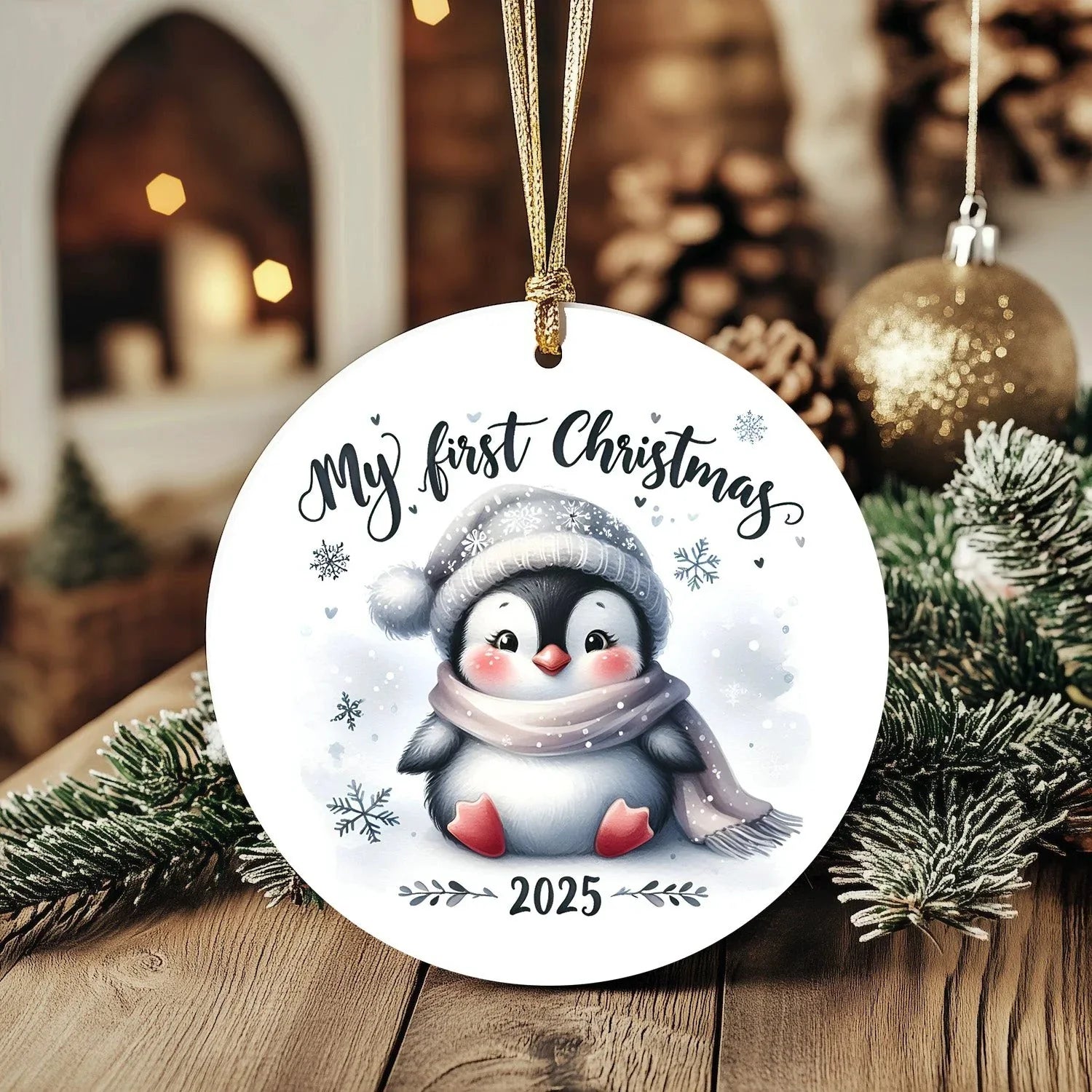 My First Christmas 2025 Penguin Ornament – Baby’s First Christmas Keepsake, Cute Newborn Gift, Durable MDF Ornament with Gold Cord