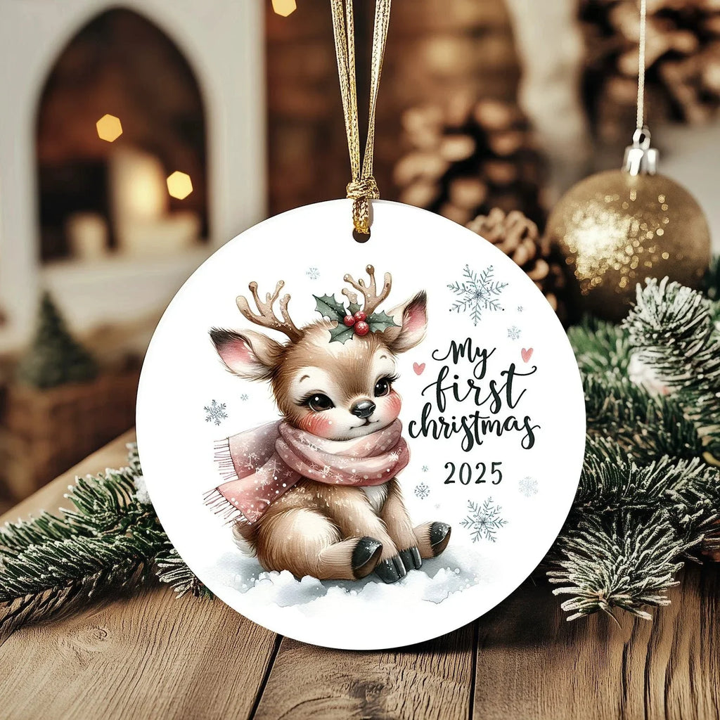 My First Christmas 2025 Deer Ornament – Baby’s First Christmas Keepsake, Cute Newborn Gift, Durable MDF Ornament with Gold Cord
