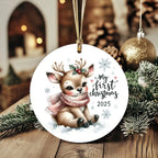 My First Christmas 2025 Deer Ornament – Baby’s First Christmas Keepsake, Cute Newborn Gift, Durable MDF Ornament with Gold Cord