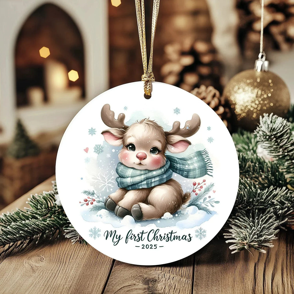 My First Christmas 2025 Moose Ornament – Baby’s First Christmas Keepsake, Cute Newborn Gift, Durable MDF Ornament with Gold Cord