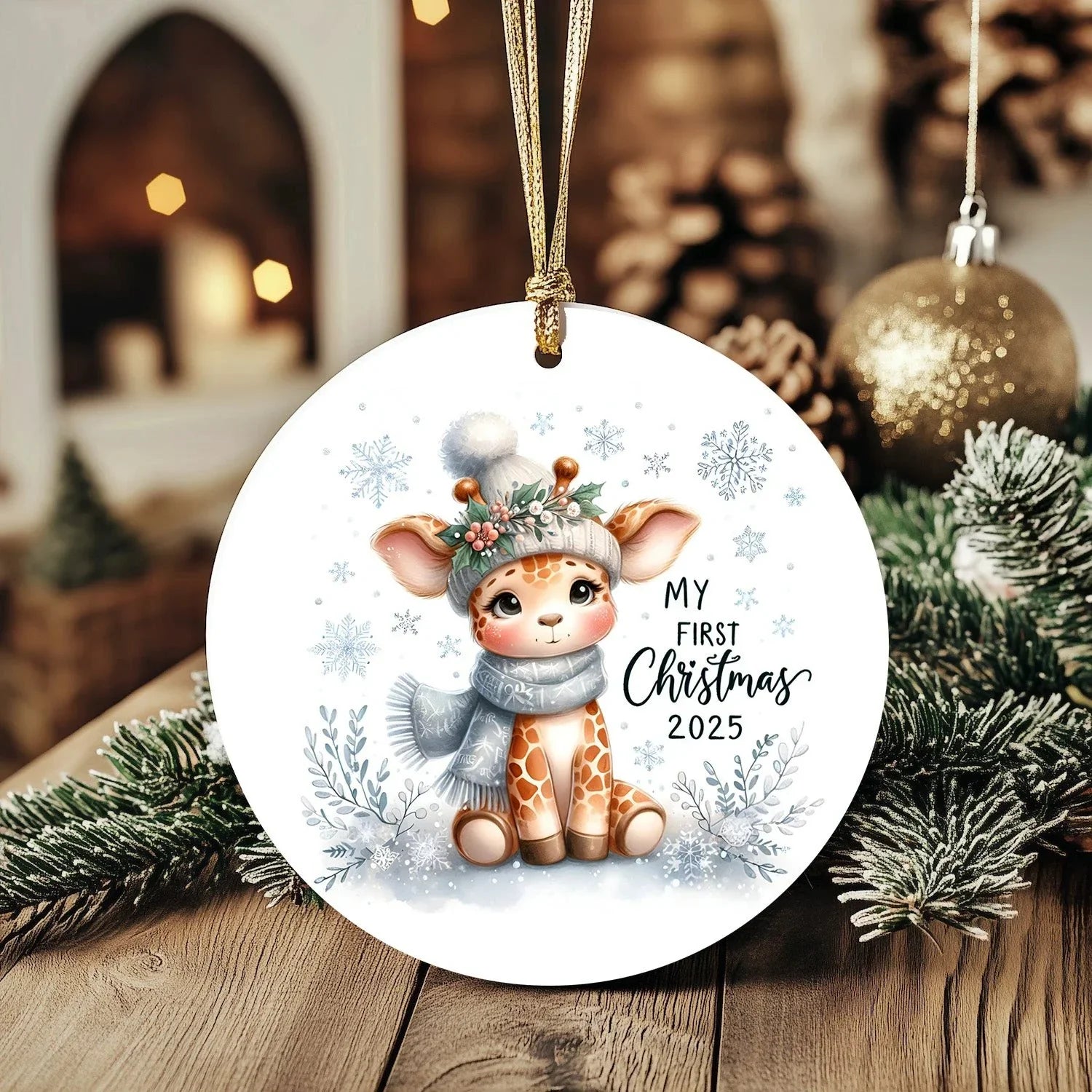 My First Christmas 2025 Giraffe Ornament – Baby’s First Christmas Keepsake, Cute Newborn Gift, Durable MDF Ornament with Gold Cord