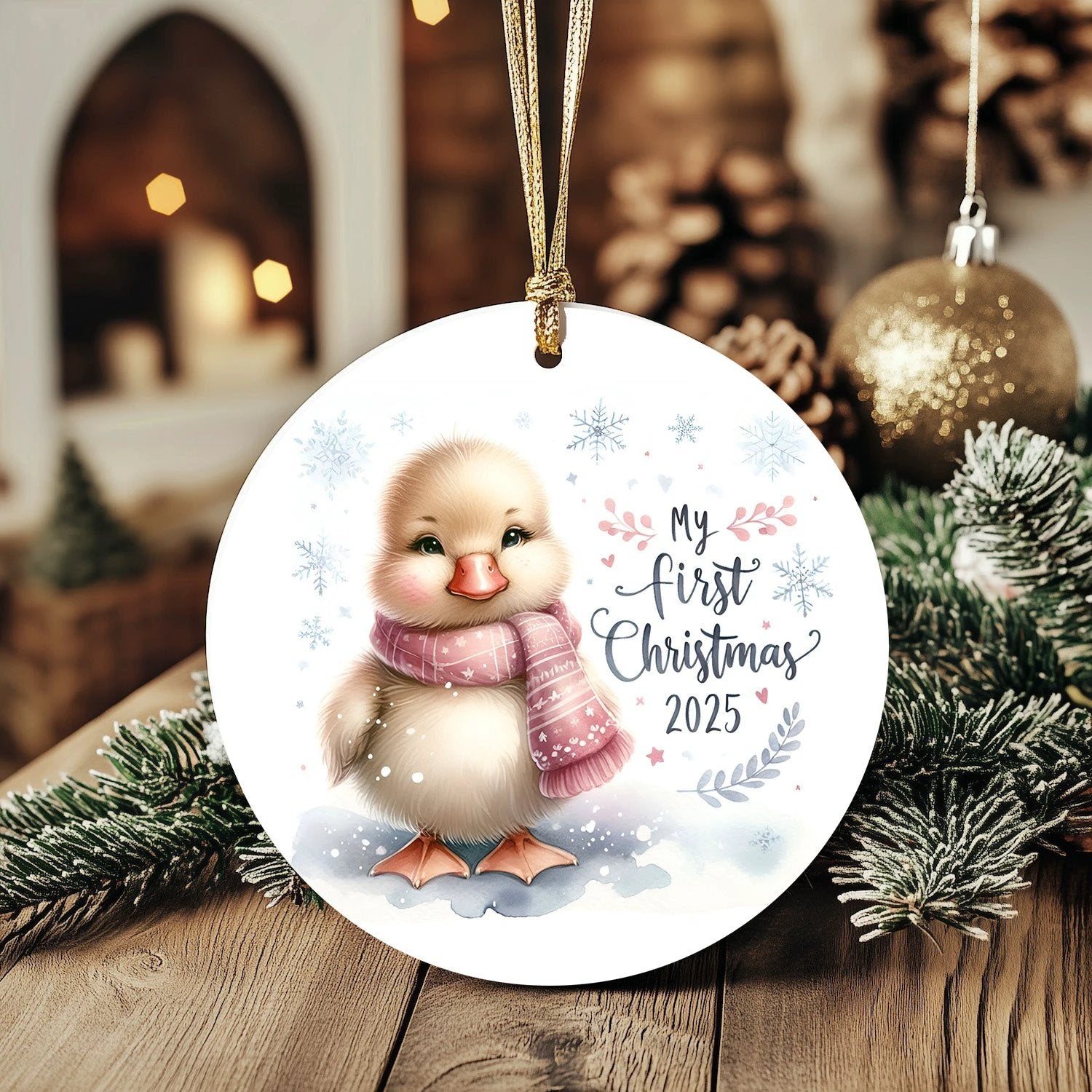 My First Christmas 2025 Duckling Ornament – Baby’s First Christmas Keepsake, Cute Newborn Gift, Durable MDF Ornament with Gold Cord