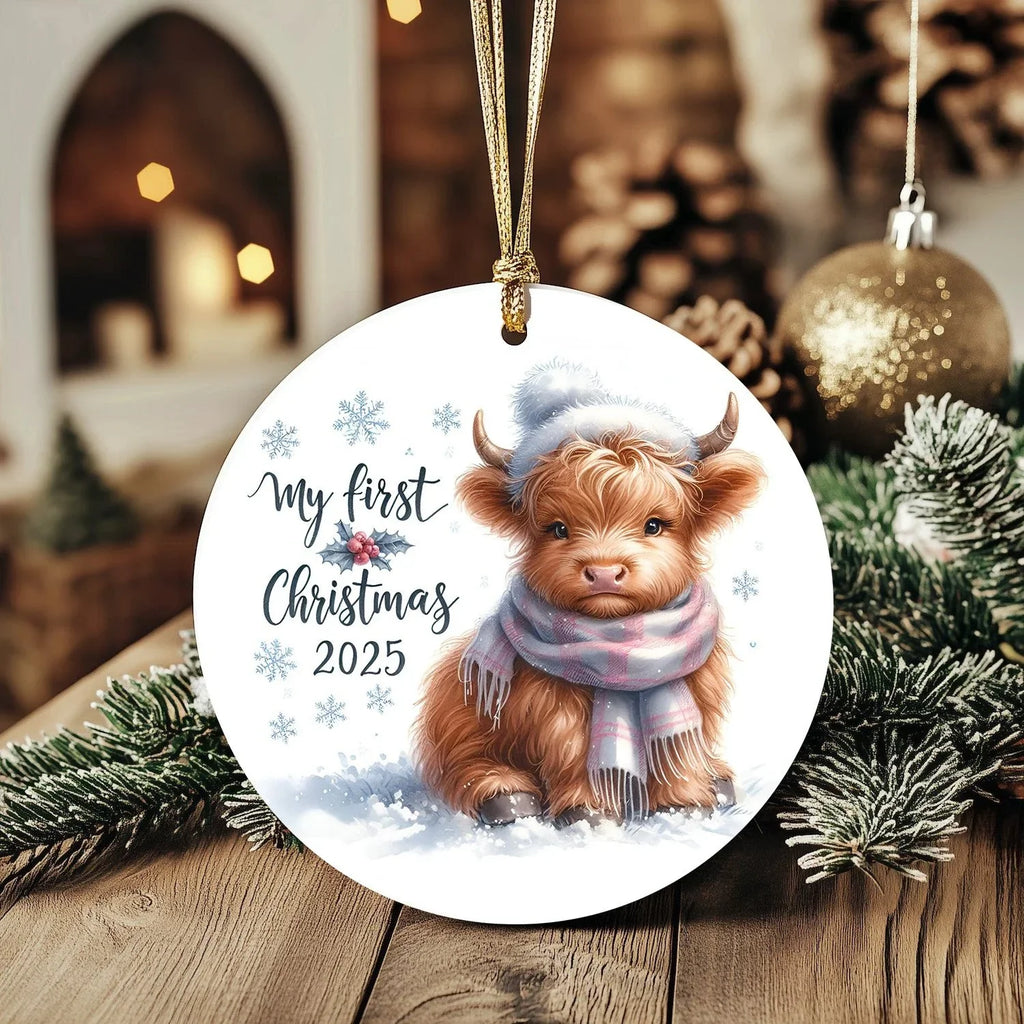 My First Christmas 2025 Highland Calf Ornament – Baby’s First Christmas Keepsake, Cute Newborn Gift, Durable MDF Ornament with Gold Cord