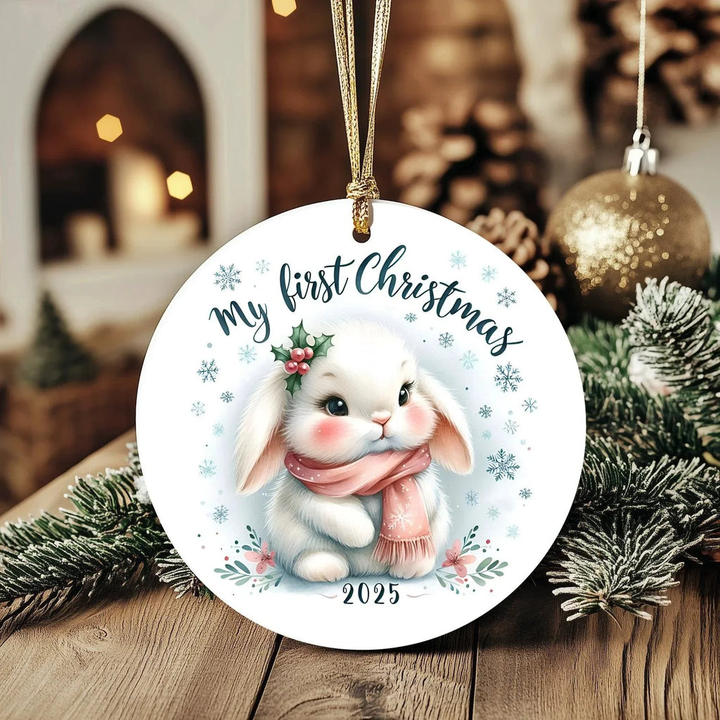 My First Christmas 2025 Bunny Ornament – Baby’s First Christmas Keepsake, Cute Newborn Gift, Durable MDF Ornament with Gold Cord