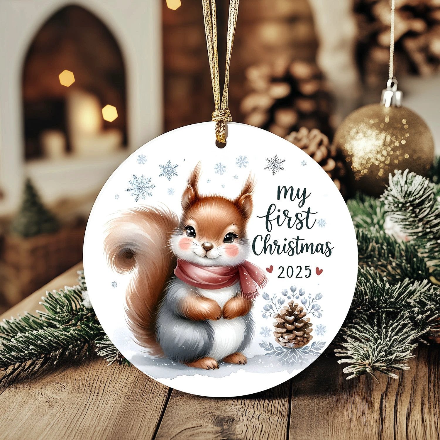 My First Christmas 2025 Squirrel Ornament – Baby’s First Christmas Keepsake, Cute Newborn Gift, Durable MDF Ornament with Gold Cord