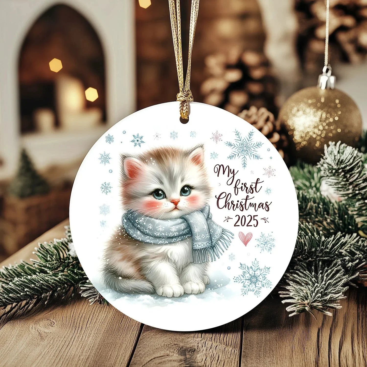 My First Christmas 2025 Kitten Ornament – Baby’s First Christmas Keepsake, Cute Newborn Gift, Durable MDF Ornament with Gold Cord