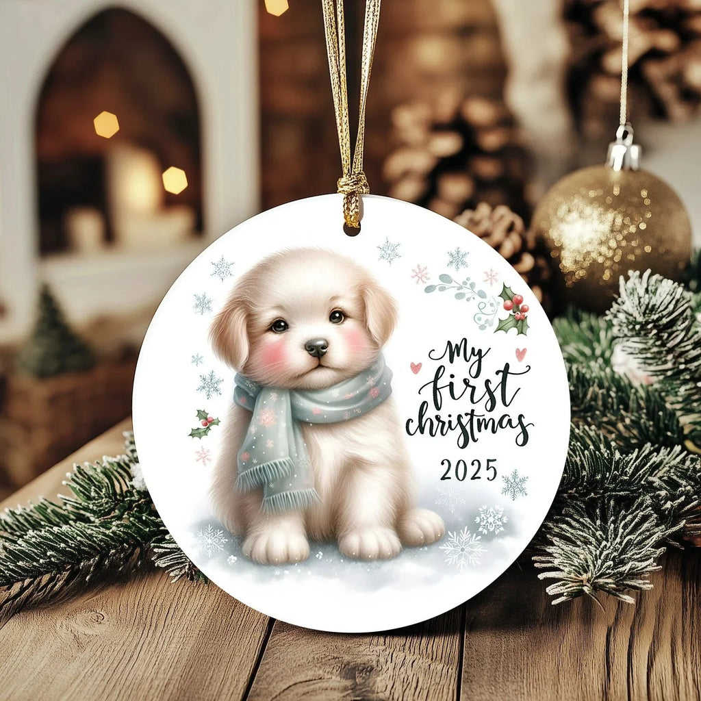 My First Christmas 2025 Puppy Ornament – Baby’s First Christmas Keepsake, Cute Newborn Gift, Durable MDF Ornament with Gold Cord