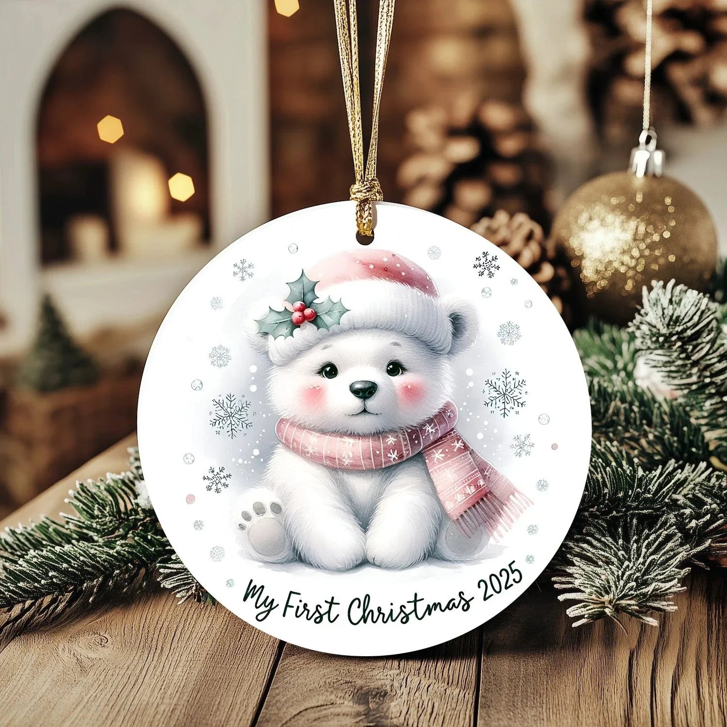 My First Christmas 2025 Polar Bear Ornament – Baby’s First Christmas Keepsake, Cute Newborn Gift, Durable MDF Ornament with Gold Cord