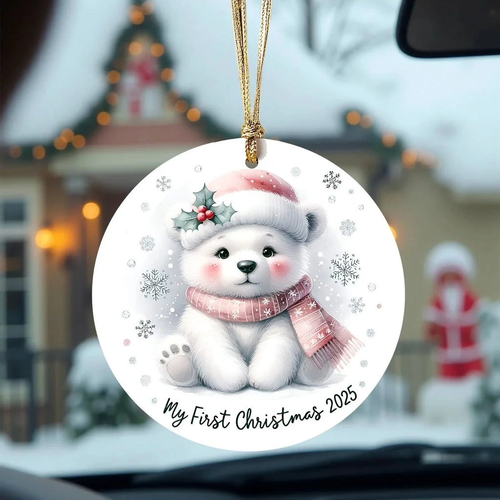 My First Christmas 2025 Polar Bear Ornament – Baby’s First Christmas Keepsake, Cute Newborn Gift, Durable MDF Ornament with Gold Cord