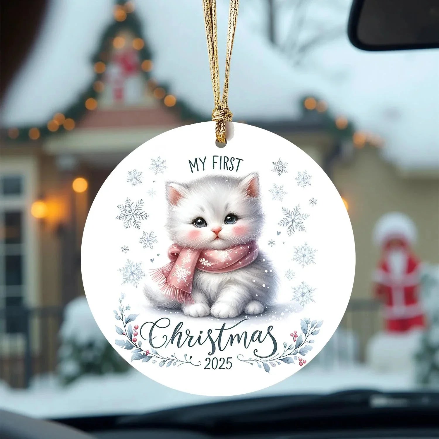 My First Christmas 2025 White Kitten Ornament – Baby’s First Christmas Keepsake, Cute Newborn Gift, Durable MDF Ornament with Gold Cord