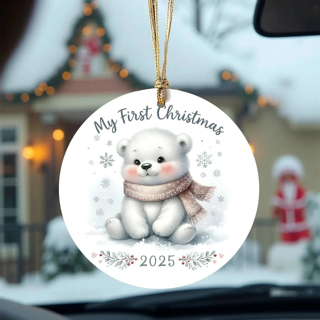My First Christmas 2025 Bear Ornament – Baby’s First Christmas Keepsake, Cute Newborn Gift, Durable MDF Ornament with Gold Cord