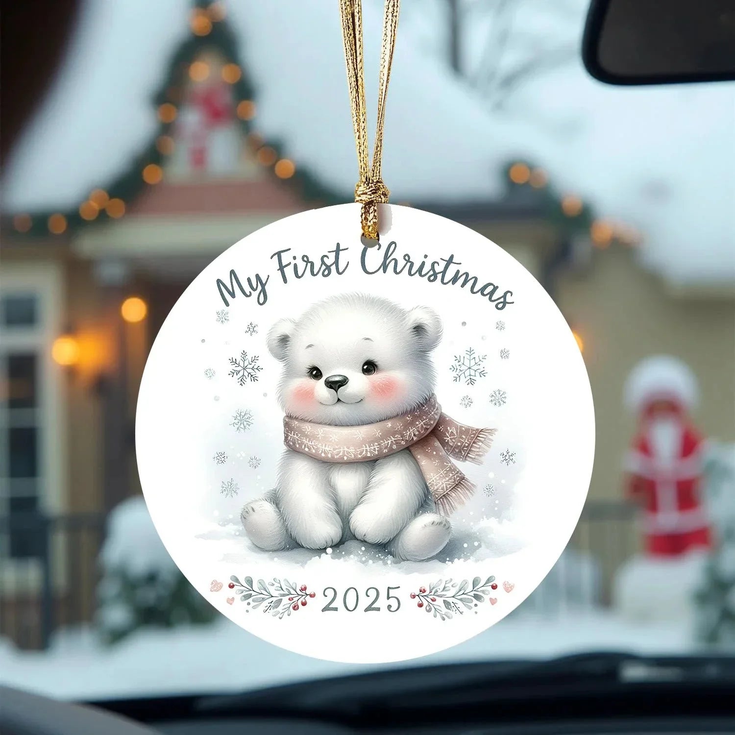My First Christmas 2025 Bear Ornament – Baby’s First Christmas Keepsake, Cute Newborn Gift, Durable MDF Ornament with Gold Cord