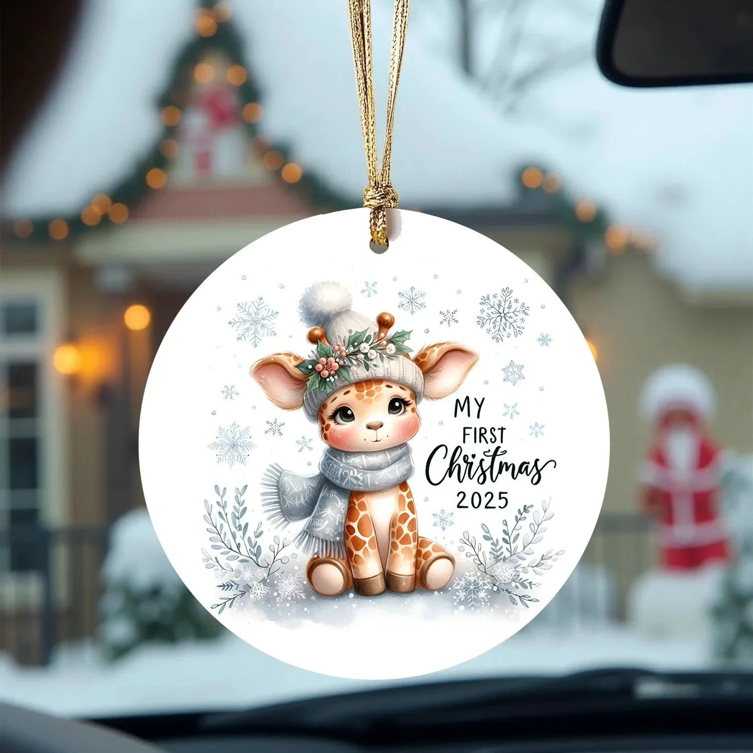 My First Christmas 2025 Giraffe Ornament – Baby’s First Christmas Keepsake, Cute Newborn Gift, Durable MDF Ornament with Gold Cord