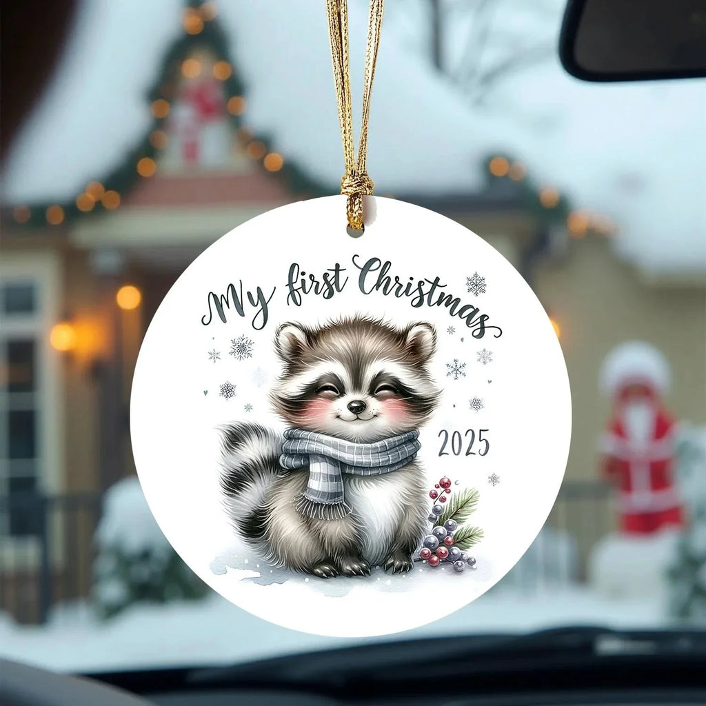 My First Christmas 2025 Raccoon Ornament – Baby’s First Christmas Keepsake, Cute Newborn Gift, Durable MDF Ornament with Gold Cord