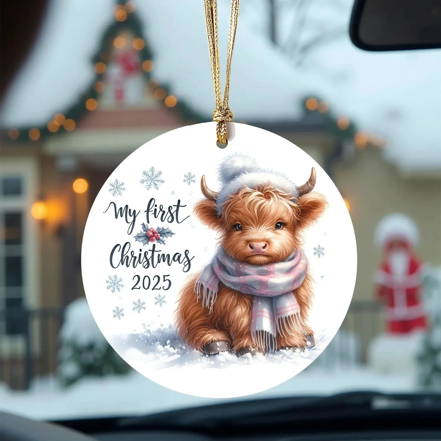 My First Christmas 2025 Highland Calf Ornament – Baby’s First Christmas Keepsake, Cute Newborn Gift, Durable MDF Ornament with Gold Cord
