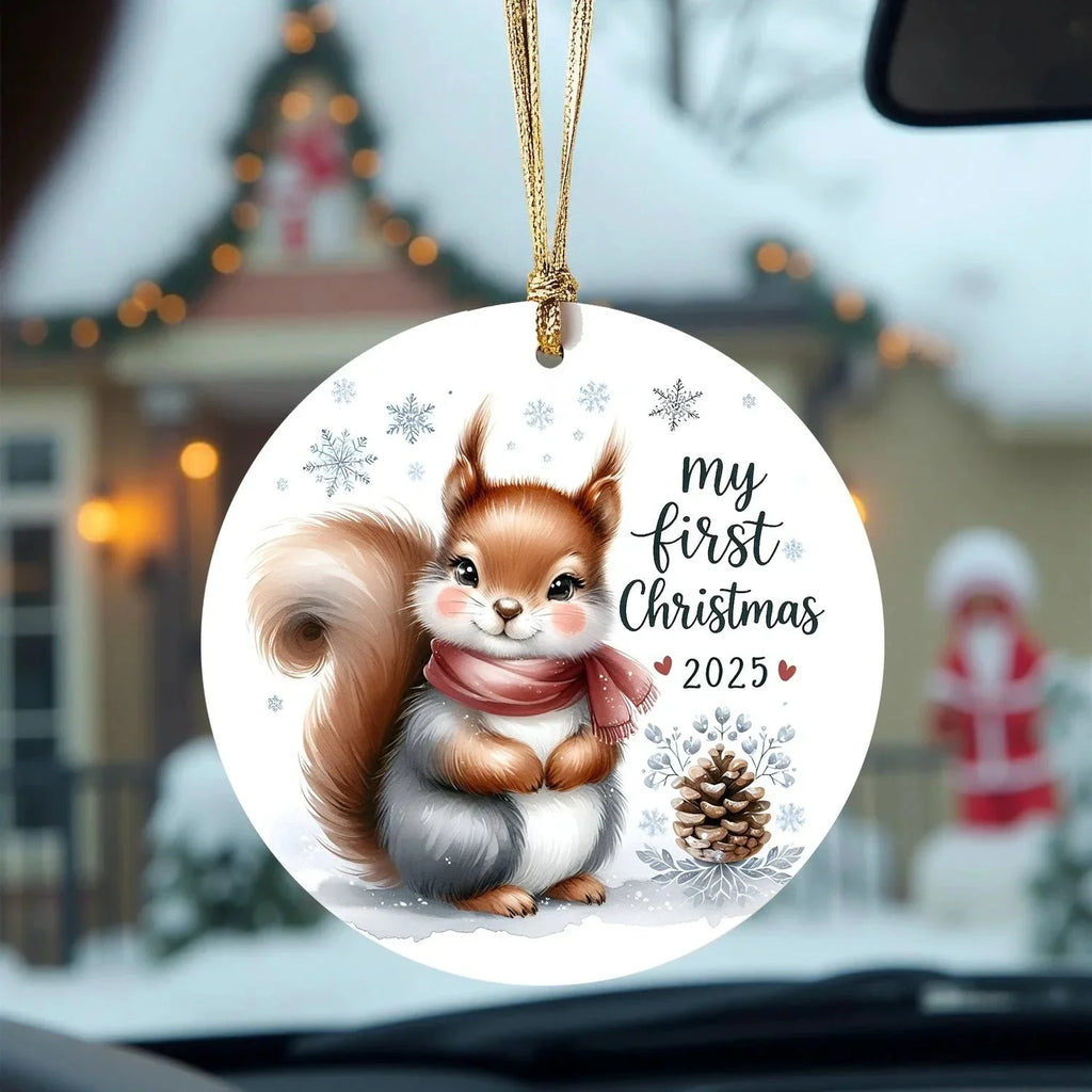 My First Christmas 2025 Squirrel Ornament – Baby’s First Christmas Keepsake, Cute Newborn Gift, Durable MDF Ornament with Gold Cord