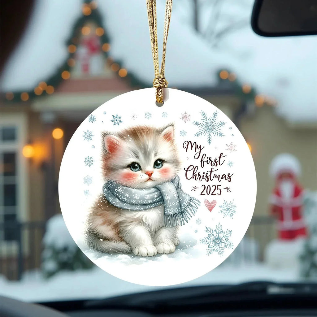 My First Christmas 2025 Kitten Ornament – Baby’s First Christmas Keepsake, Cute Newborn Gift, Durable MDF Ornament with Gold Cord