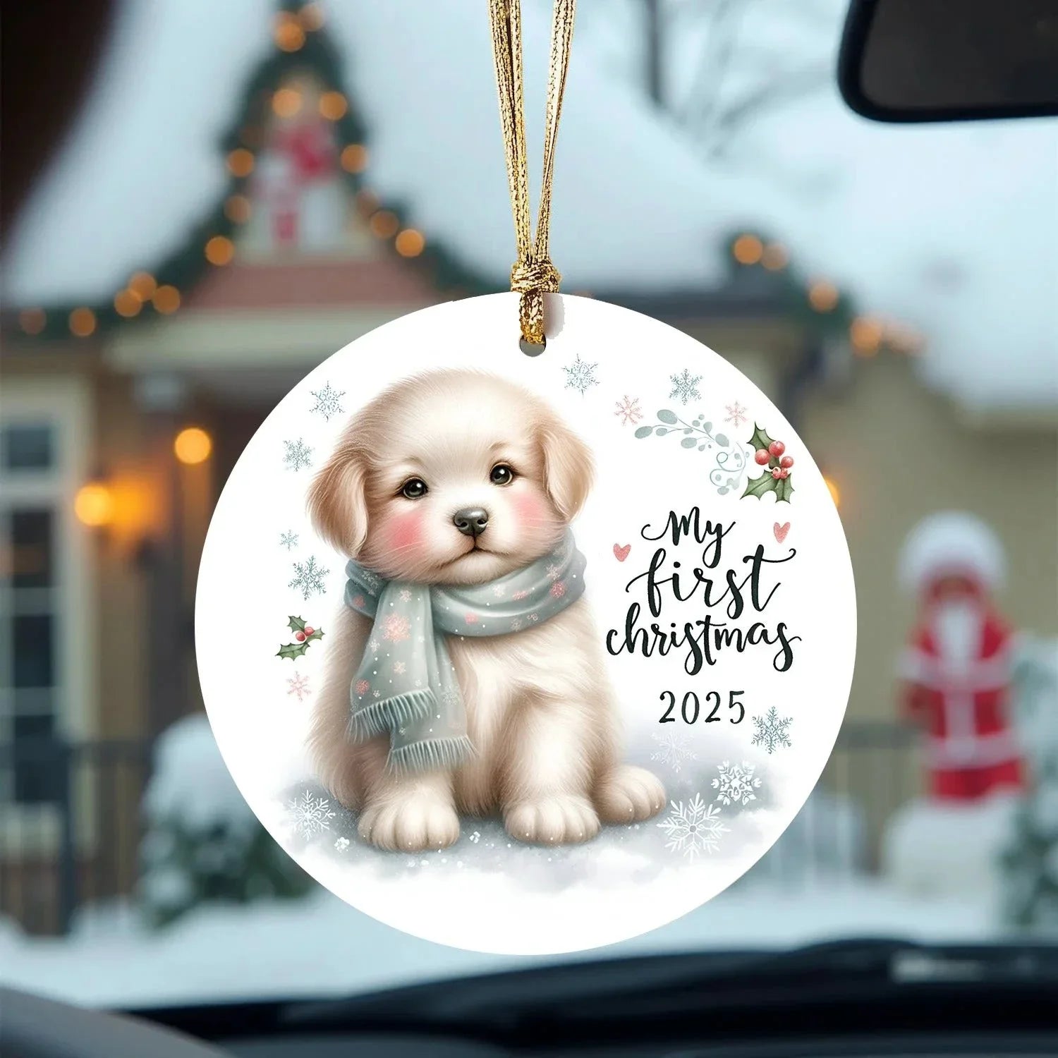 My First Christmas 2025 Puppy Ornament – Baby’s First Christmas Keepsake, Cute Newborn Gift, Durable MDF Ornament with Gold Cord