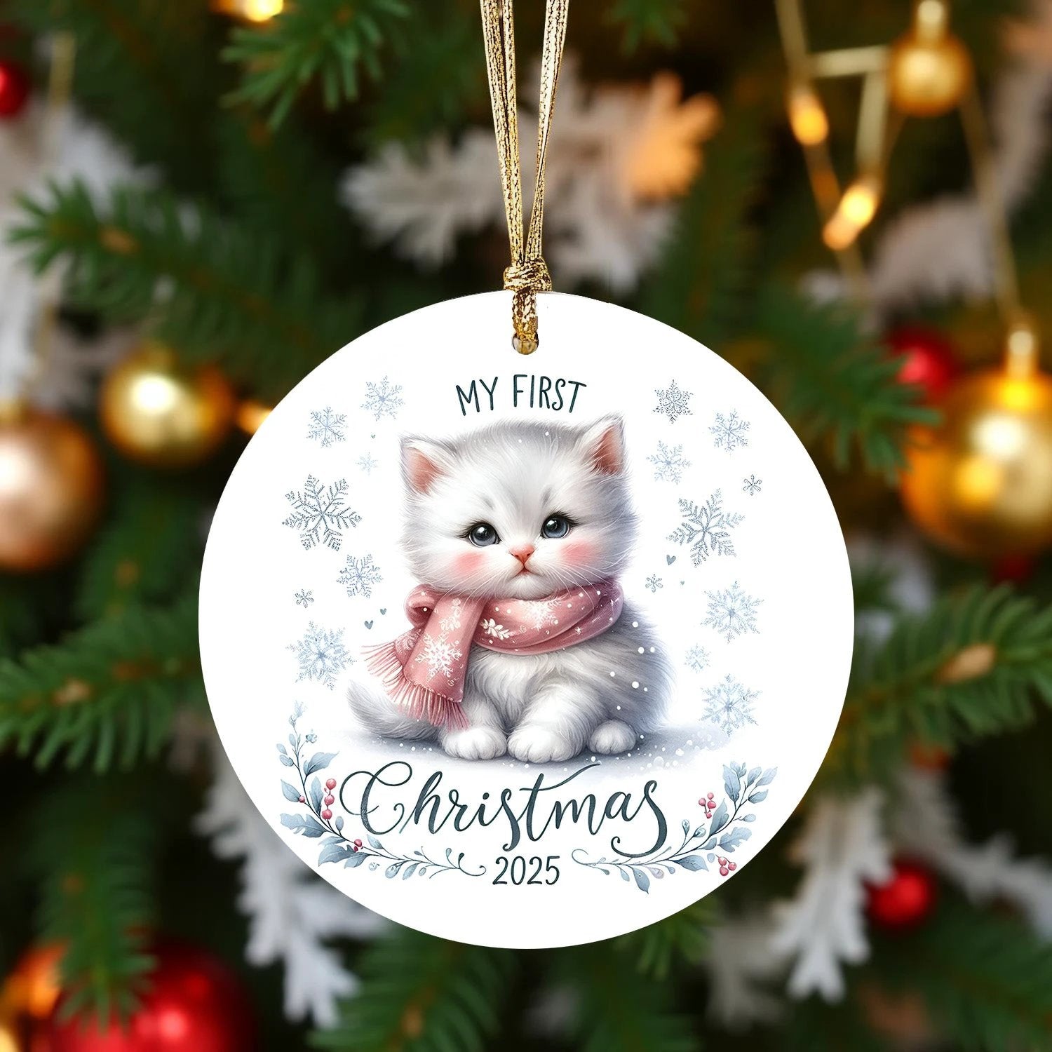 My First Christmas 2025 White Kitten Ornament – Baby’s First Christmas Keepsake, Cute Newborn Gift, Durable MDF Ornament with Gold Cord