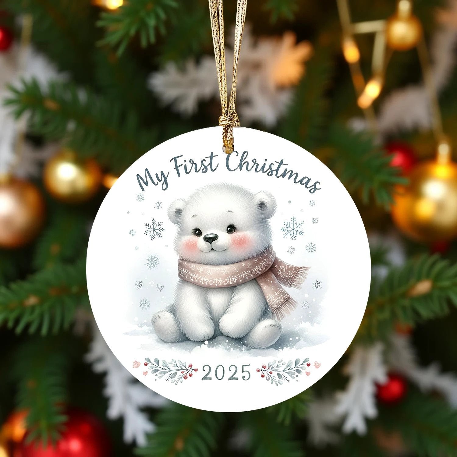 My First Christmas 2025 Bear Ornament – Baby’s First Christmas Keepsake, Cute Newborn Gift, Durable MDF Ornament with Gold Cord