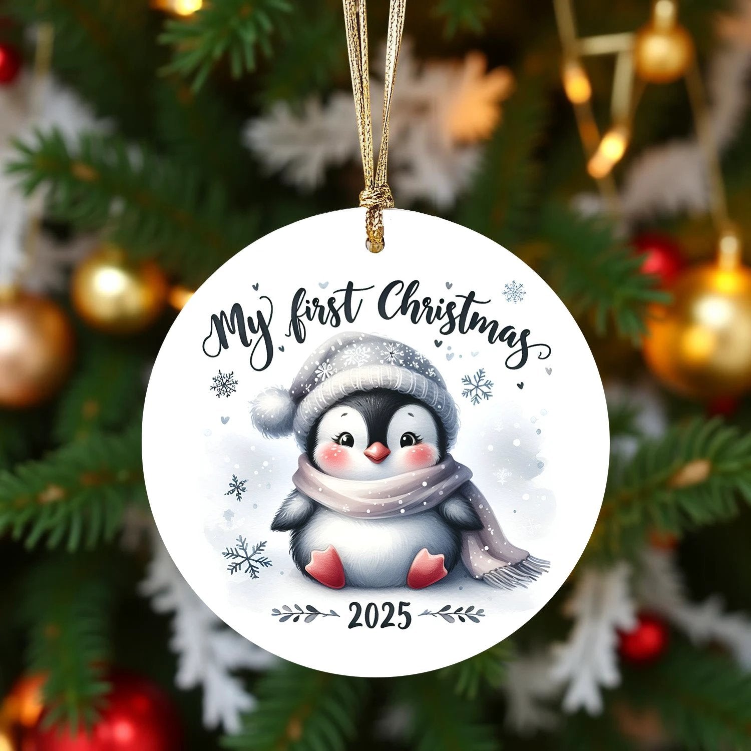 My First Christmas 2025 Penguin Ornament – Baby’s First Christmas Keepsake, Cute Newborn Gift, Durable MDF Ornament with Gold Cord