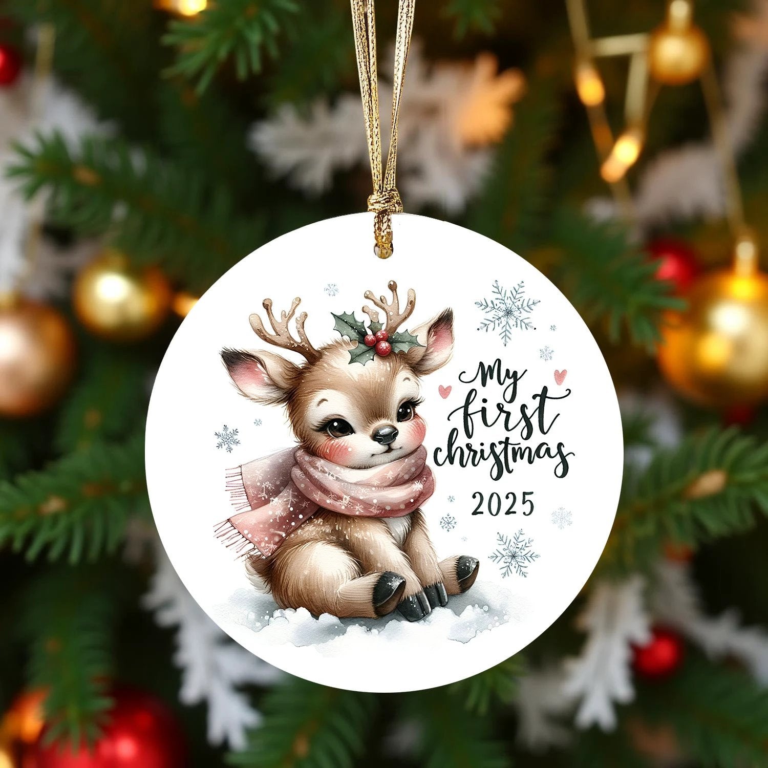 My First Christmas 2025 Deer Ornament – Baby’s First Christmas Keepsake, Cute Newborn Gift, Durable MDF Ornament with Gold Cord