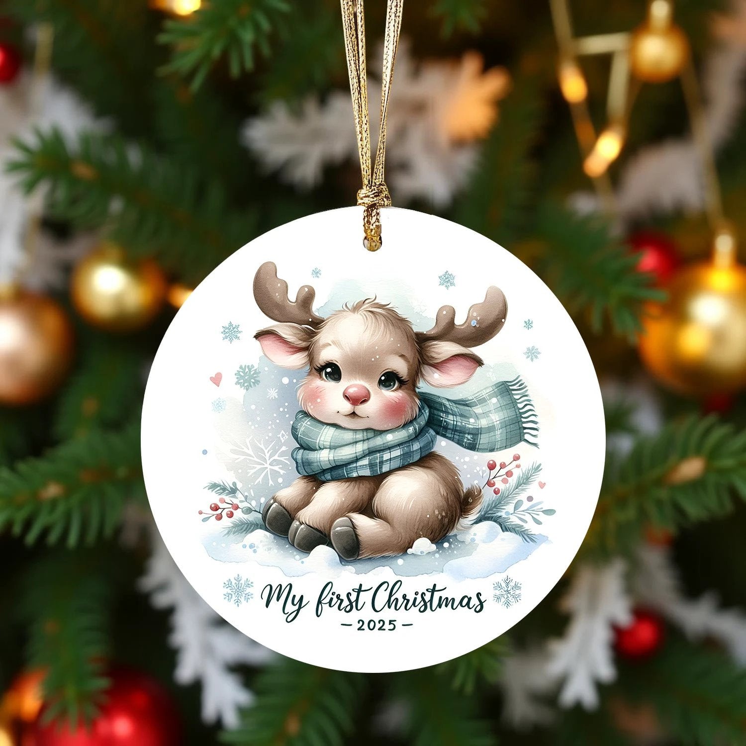 My First Christmas 2025 Moose Ornament – Baby’s First Christmas Keepsake, Cute Newborn Gift, Durable MDF Ornament with Gold Cord