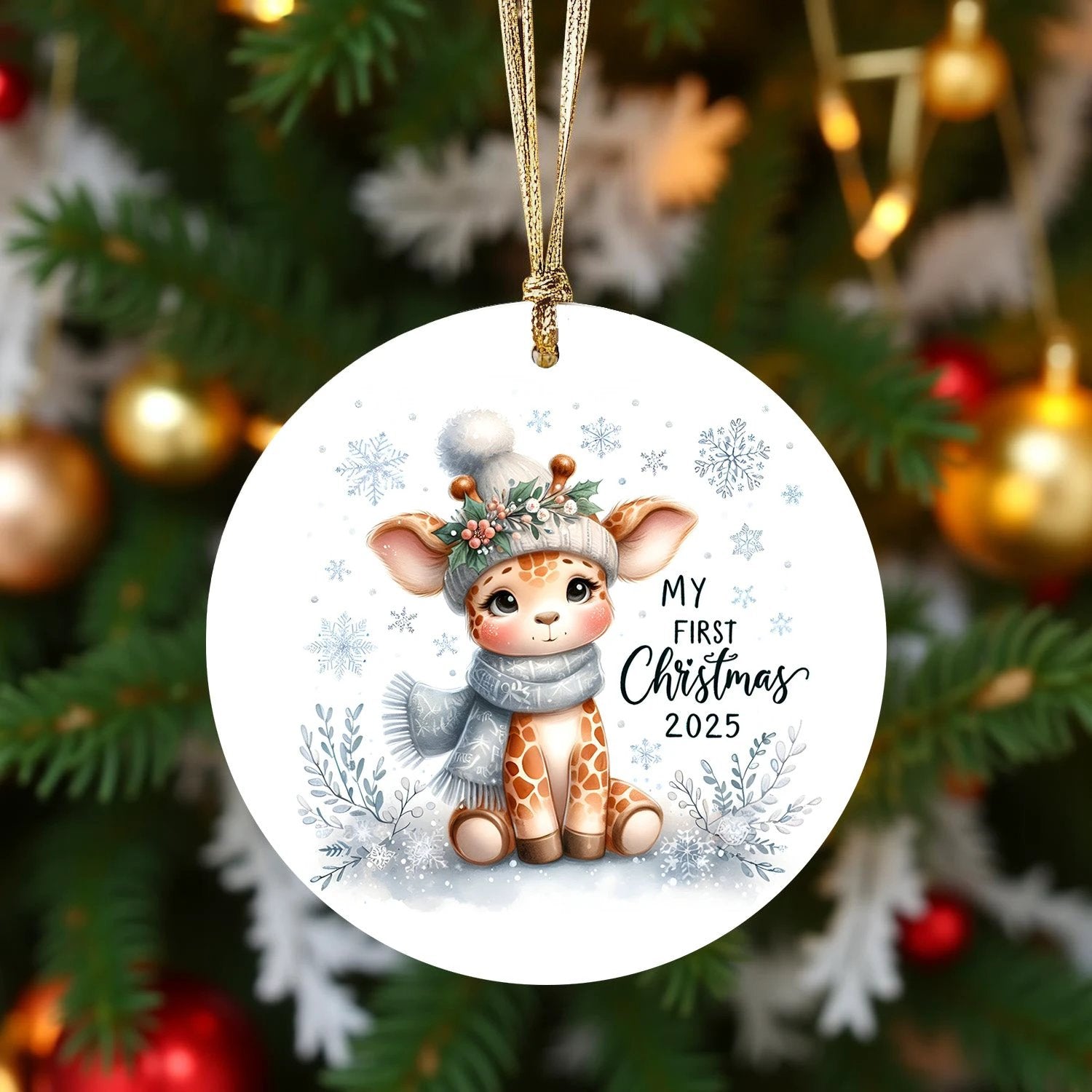 My First Christmas 2025 Giraffe Ornament – Baby’s First Christmas Keepsake, Cute Newborn Gift, Durable MDF Ornament with Gold Cord
