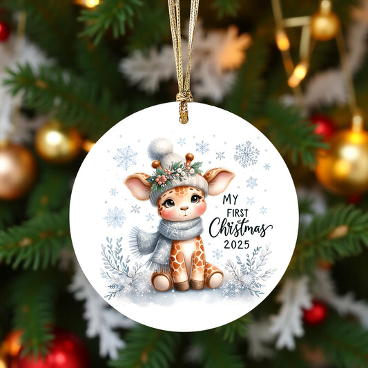 My First Christmas 2025 Giraffe Ornament – Baby’s First Christmas Keepsake, Cute Newborn Gift, Durable MDF Ornament with Gold Cord - Mallard Moon