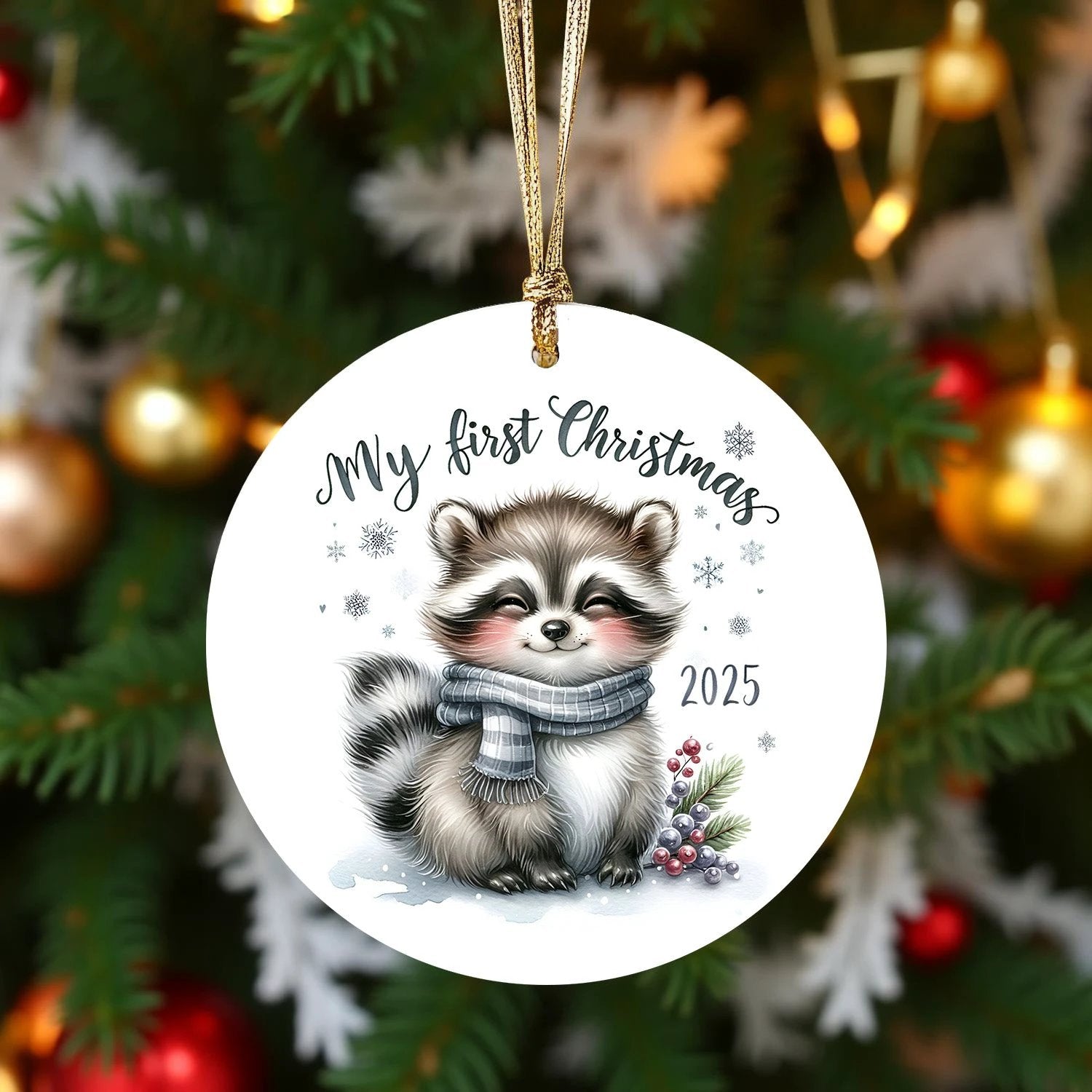 My First Christmas 2025 Raccoon Ornament – Baby’s First Christmas Keepsake, Cute Newborn Gift, Durable MDF Ornament with Gold Cord