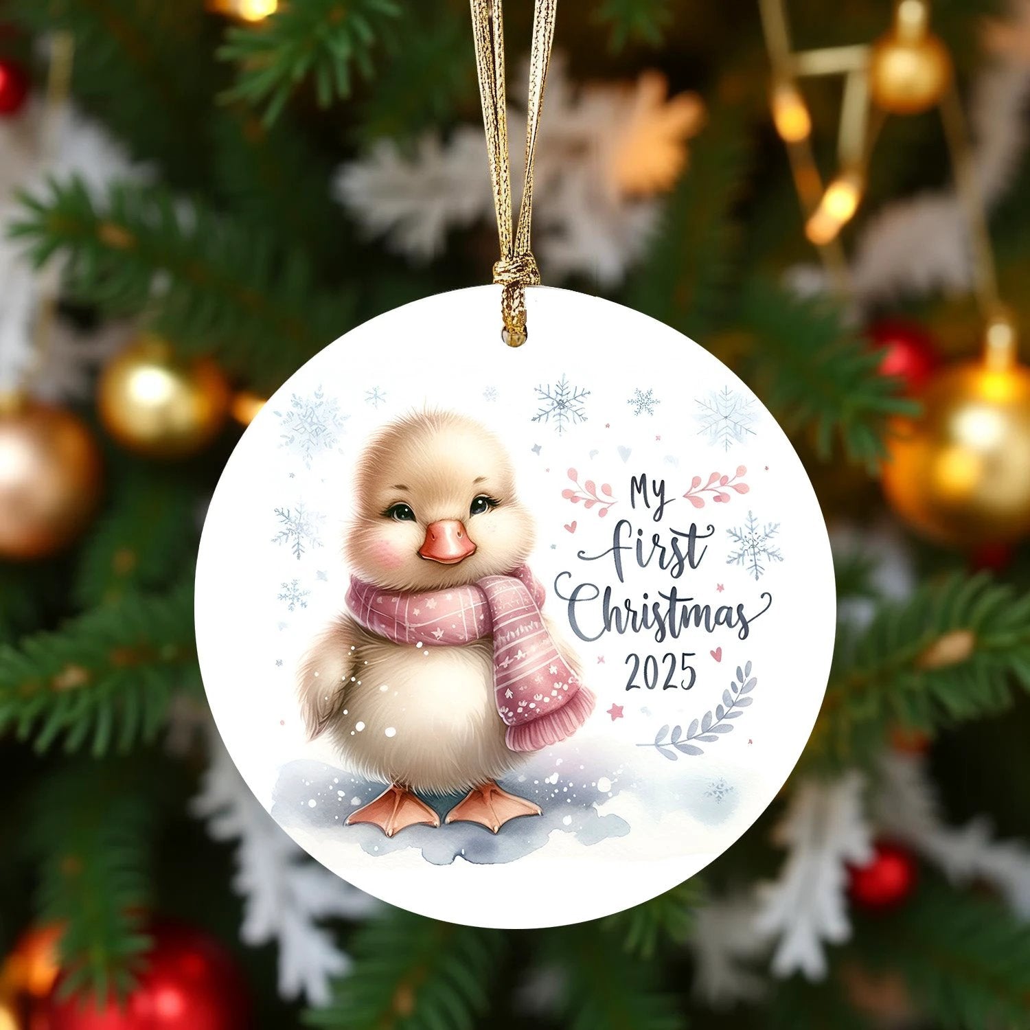 My First Christmas 2025 Duckling Ornament – Baby’s First Christmas Keepsake, Cute Newborn Gift, Durable MDF Ornament with Gold Cord