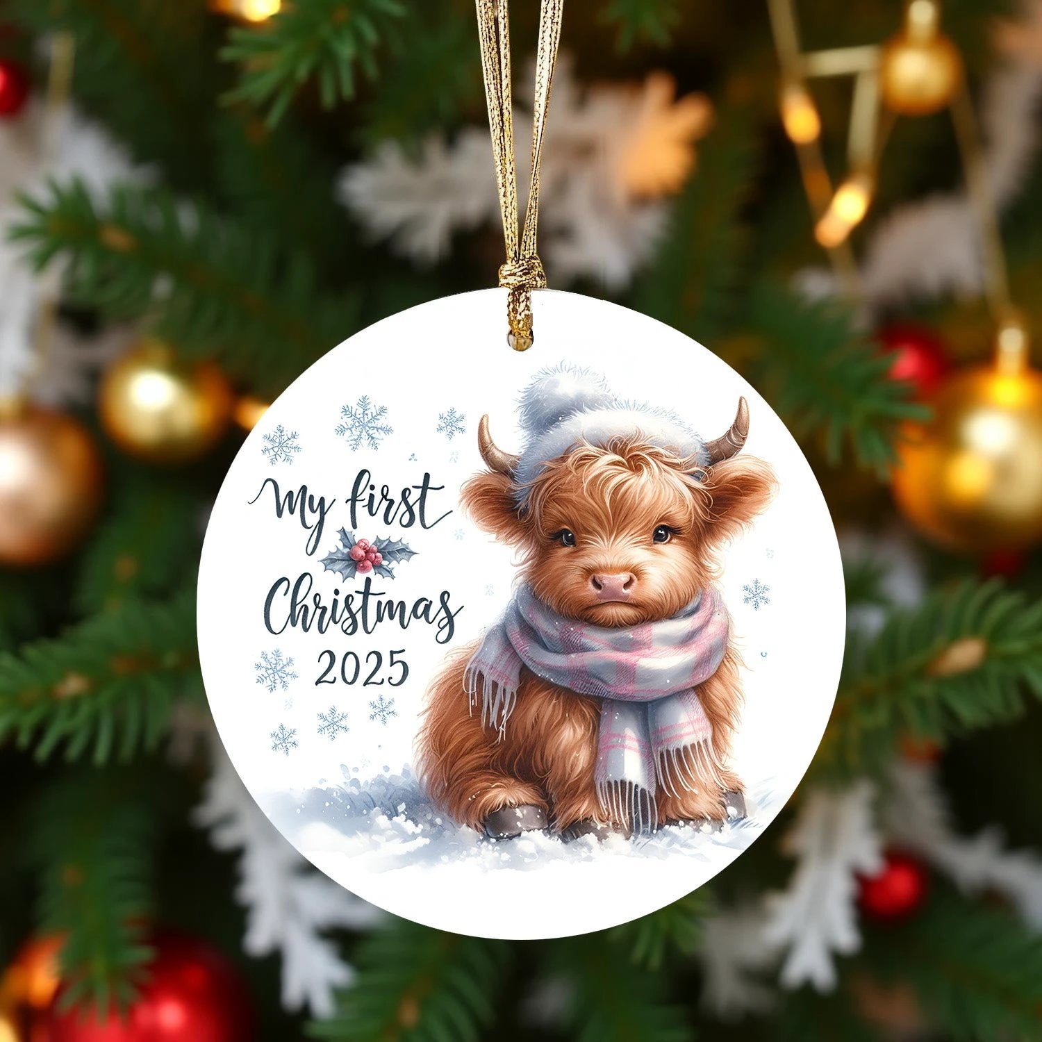 My First Christmas 2025 Highland Calf Ornament – Baby’s First Christmas Keepsake, Cute Newborn Gift, Durable MDF Ornament with Gold Cord