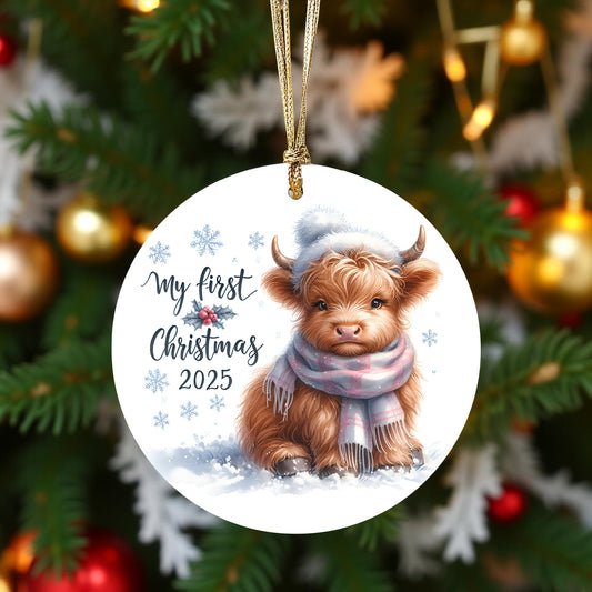My First Christmas 2025 Highland Calf Ornament – Baby’s First Christmas Keepsake, Cute Newborn Gift, Durable MDF Ornament with Gold Cord - Mallard Moon