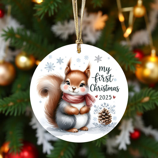 My First Christmas 2025 Squirrel Ornament – Baby’s First Christmas Keepsake, Cute Newborn Gift, Durable MDF Ornament with Gold Cord - Mallard Moon