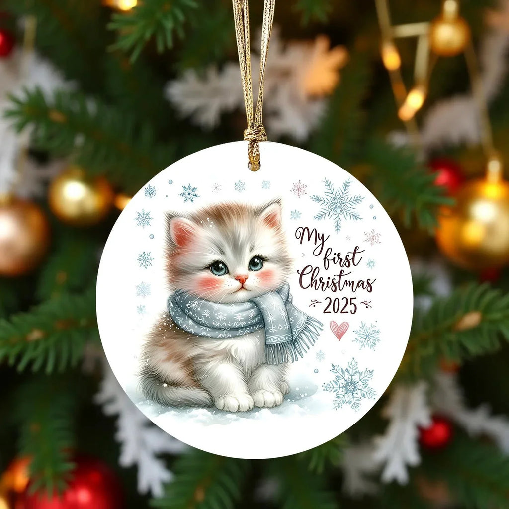 My First Christmas 2025 Kitten Ornament – Baby’s First Christmas Keepsake, Cute Newborn Gift, Durable MDF Ornament with Gold Cord