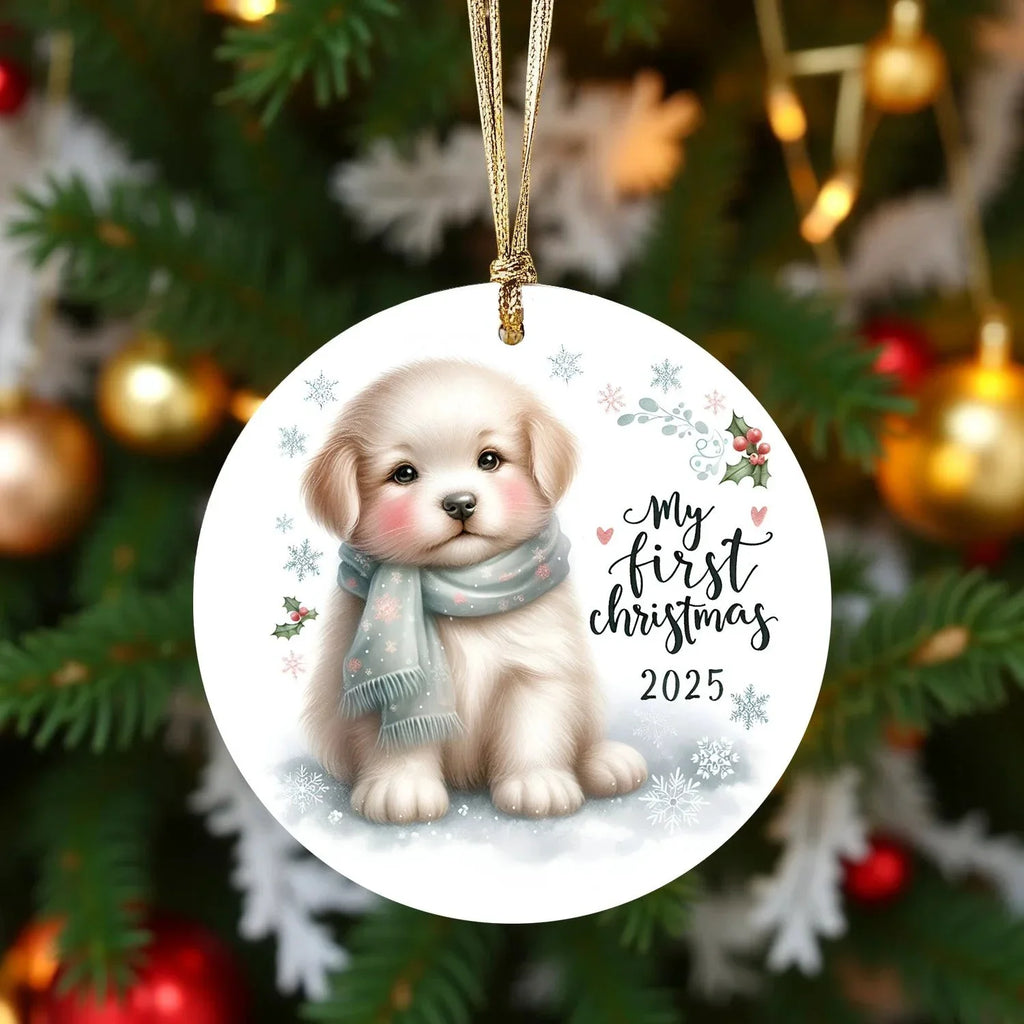 My First Christmas 2025 Puppy Ornament – Baby’s First Christmas Keepsake, Cute Newborn Gift, Durable MDF Ornament with Gold Cord