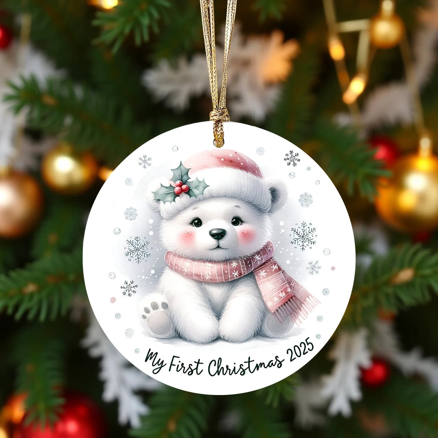My First Christmas 2025 Polar Bear Ornament – Baby’s First Christmas Keepsake, Cute Newborn Gift, Durable MDF Ornament with Gold Cord