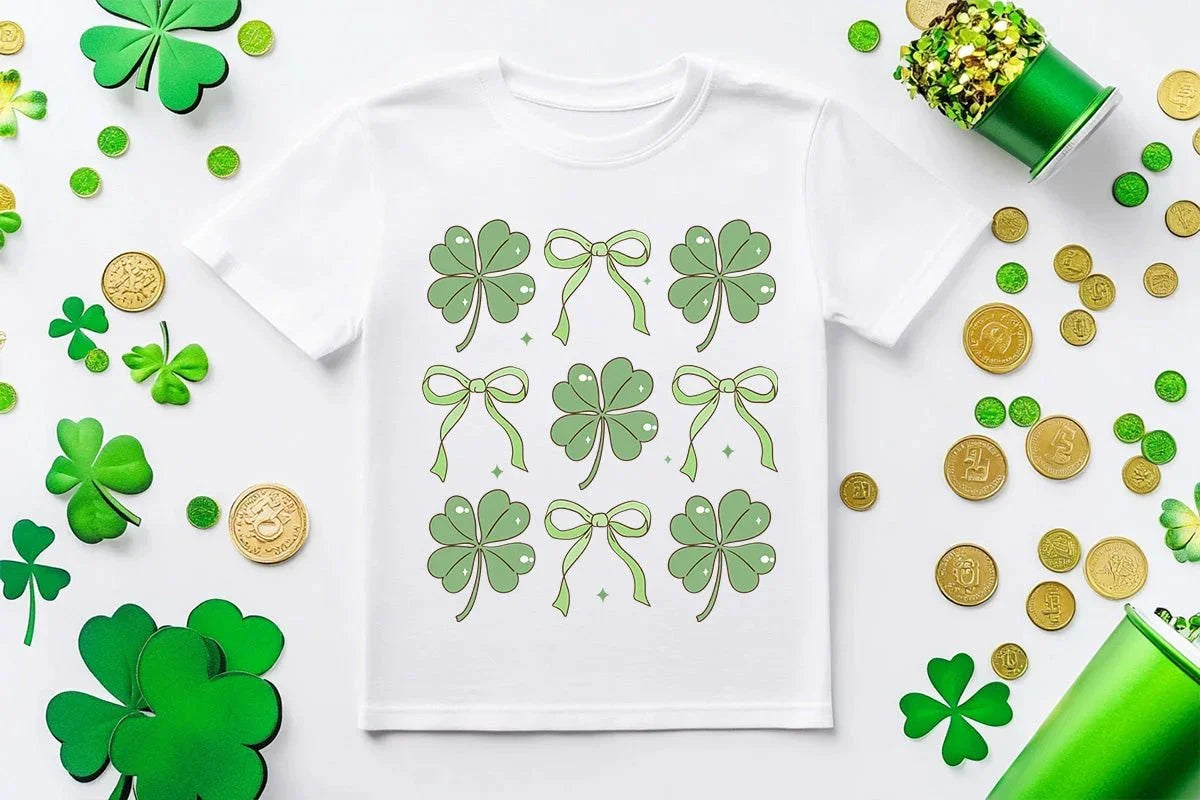 Youth St. Patrick's Day T-Shirt – Lucky Clover & Bow Design – Soft Cotton Crew Neck Tee – Irish Holiday Shirt for Girls