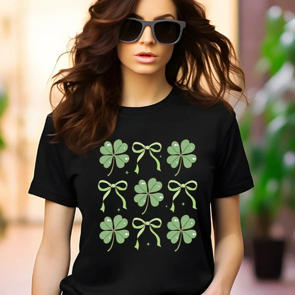 Women's St. Patrick's Day T-Shirt – Lucky Clover & Bow Design – Soft Cotton Crew Neck Tee – Irish Lass Holiday Shirt